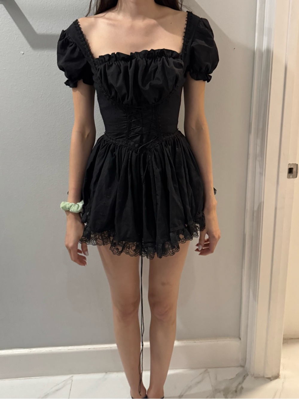 Black Puff-Sleeve Mini Dress with Lace Trim